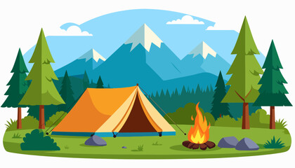 A camping scene features a tent campfire and mountain backdrop depicting an outdoor adventure