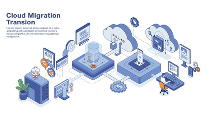 Isometric vector illustration of cloud migration process for digital design projects