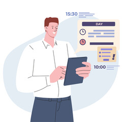 Businessman planning workday. Man using tablet for time management app, makes daily schedule. Office worker, administrator, vector flat character