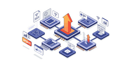 Fototapeta premium Technology update vector illustration: digital progress in isometric design for posters