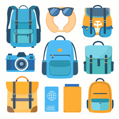 Varied travel accessories arranged including backpacks passport sunglasses camera and travel wallet