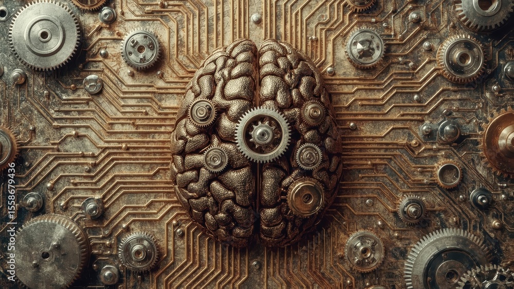 Poster steampunk brain with gears and circuit board background in bronze tone