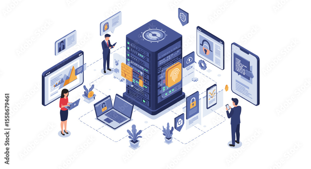 Aufkleber data management and cybersecurity vector illustration for digital technology concepts in isometric s