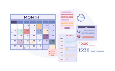 Monthly business schedule, work meetings, day planning. Time to job, office manager planners, daily notes and reminders. Time management vector concept