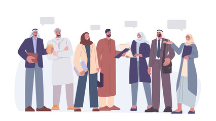 Muslim people talking. Women wear hijab, men in traditional arabic outfits. Isolated arab characters meeting and communicate, vector scene