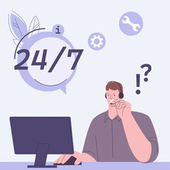 Service or support call center. Male character with headphones answer on consumer questions, digital or computer online helpline, vector scene
