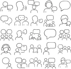 Speaking set of web icons in line style. Communication icons for web and mobile app. Containing people, communication, talking, discussion, speech bubble, team, support and more