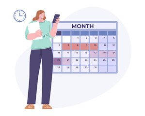 Woman check period calendar in smartphone app. Menstruation and ovulation days. Female menses cycle, modern technologies for safety and planning, vector concept