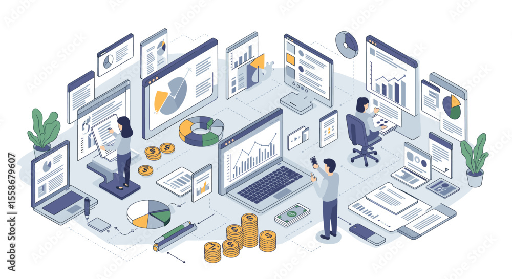 Poster business analytics workspace vector illustration - flat style design for websites and presentations