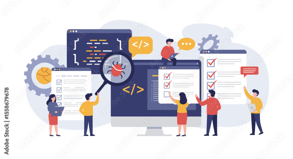 Poster software development teamwork vector illustration in flat style for tech projects and collaboration 