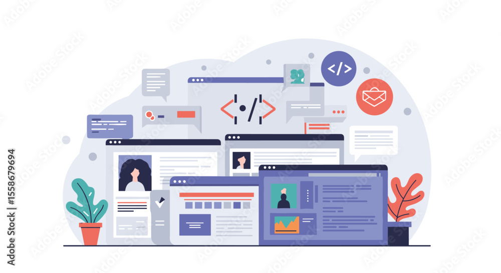 Poster web development and coding concept vector illustration in flat style for design projects
