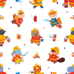 Firefighters woodland animal. Funny animals in fireman uniform, hydrant, bucket, water drops. Fox elephant tiger, childish fabric print, nowaday vector background