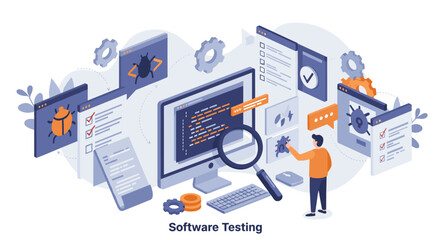 Software testing vector illustration - conceptual flat design for tech poster and educational materials