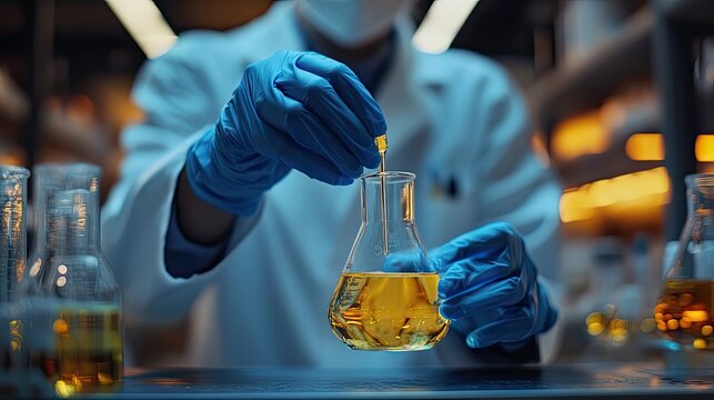 Scientist wearing lab coat holding laboratory glassware with liquid, biotechnology and research concept scene