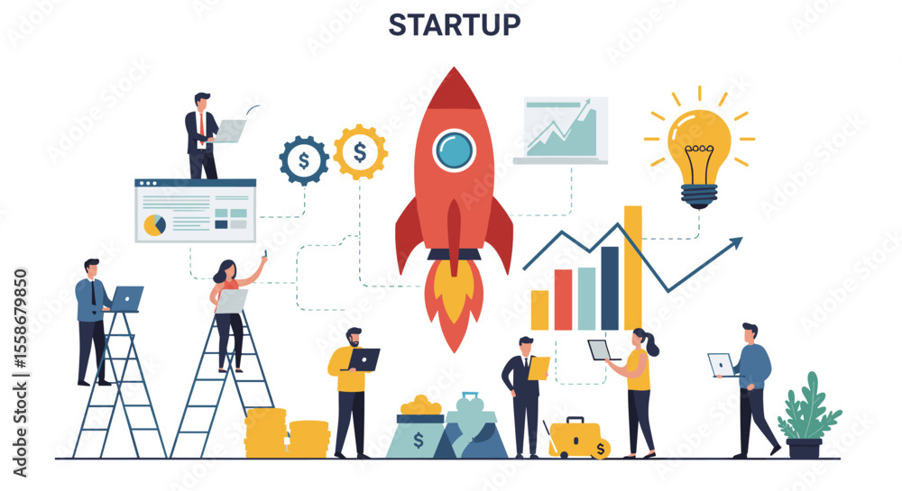 Poster flat vector illustration of business startup concept for digital design and print projects