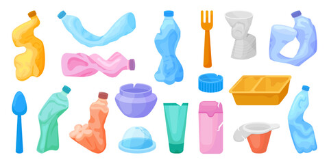 Cartoon plastic waste. Different garbage elements, package and containers. Bottles for water and drinks, disposable cups, utensils, tubes, neoteric vector set