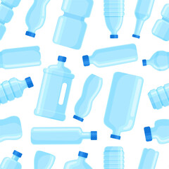 Plastic bottles seamless pattern. Blue packaging for liquid, drinking water, beverages packages. Fabric, wallpaper print design, neoteric vector background