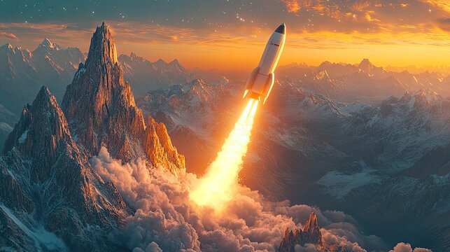 Sci-fi style rocket flying over dramatic mountainscape at dusk, representing futuristic travel or exploration themes