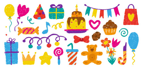 Birthday party pencil drawing. Crayon hand drawn gift box, garland, balloons, birthday cake. Isolated candy and muffin, desserts, neoteric vector set