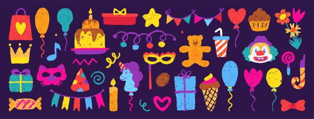 Birthday crayon drawn elements. Clown face, carnival masks, sweet desserts and festive garlands. Party balloons, cake with candle, gifts, neoteric vector set