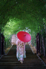 A young Asian Japanese woman in a Traditional Furisode Kimono Yukata dress costume holding a red wagasa umbrella in a natural bamboo tunnel.  An old-fashioned cultural dress of a Japanese girl.