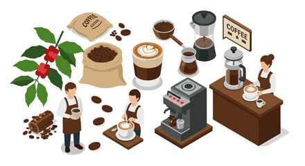 Coffee culture vector illustration: brewing methods and barista scenes in isometric style for cafe design