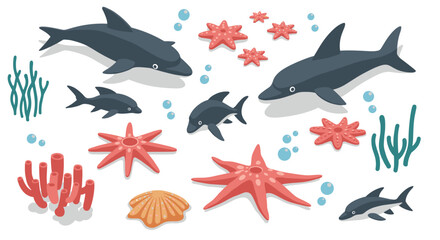 Ocean life vector illustration: marine animals and coral in flat style for educational design