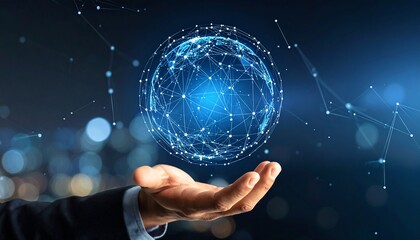 A three-dimensional sphere composed like space on the hand of a blurred man in a suit