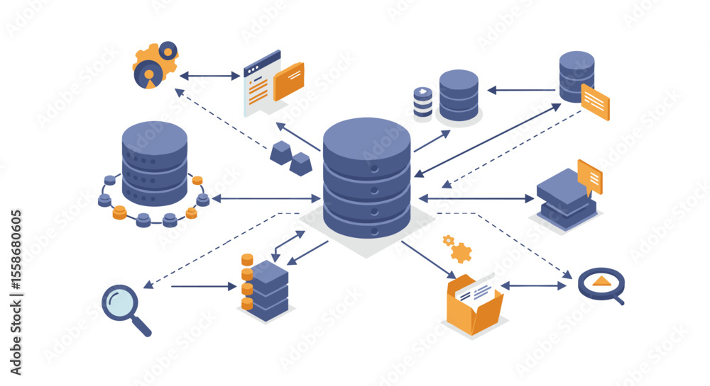 Poster data management network vector illustration for database systems in isometric style