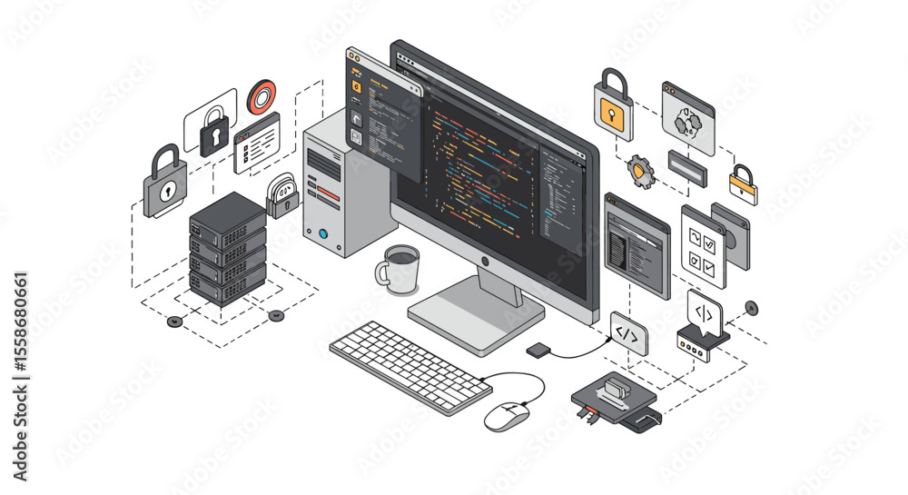 Poster isometric vector illustration of cybersecurity and data storage for tech design