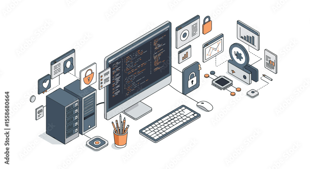 Poster isometric cybersecurity vector illustration for software development concepts and digital protection