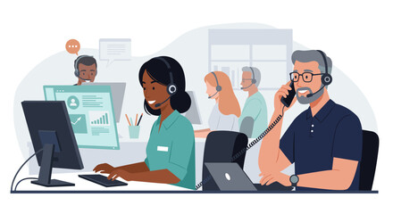 Busy customer service team vector illustration for business communication design in flat style