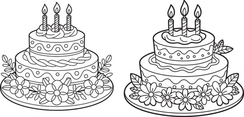 Two Layered Birthday Cakes With Candles And Flowers Black And White Line Drawing Illustration vector