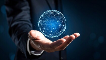 A three-dimensional sphere composed like space on the hand of a blurred man in a suit