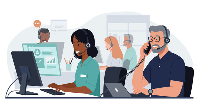 Busy customer service team vector illustration for business communication design in flat style