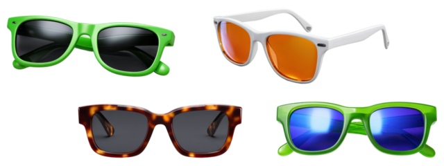 Assorted modern sunglasses in vibrant and classic frames with tinted lenses