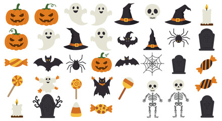 Halloween festivity vector illustration: spooky symbols and characters for design and decoration in flat style