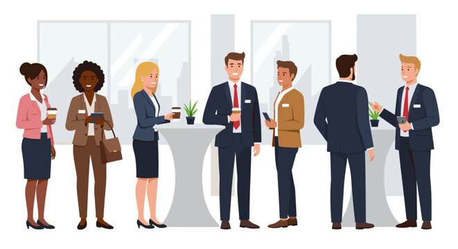 Business networking event vector illustration: professional office gathering in modern flat style for poster design