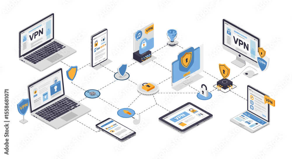 Poster cybersecurity network concept vector illustration for technology design in isometric style
