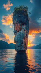Serene Sunset Over Tall Rock Formation with Calm Water Reflections