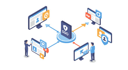 Obraz premium Isometric vector illustration of single sign-on technology for user authentication and security in digital systems
