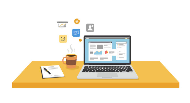 Home office workspace with laptop and coffee cup vector illustration for productivity design