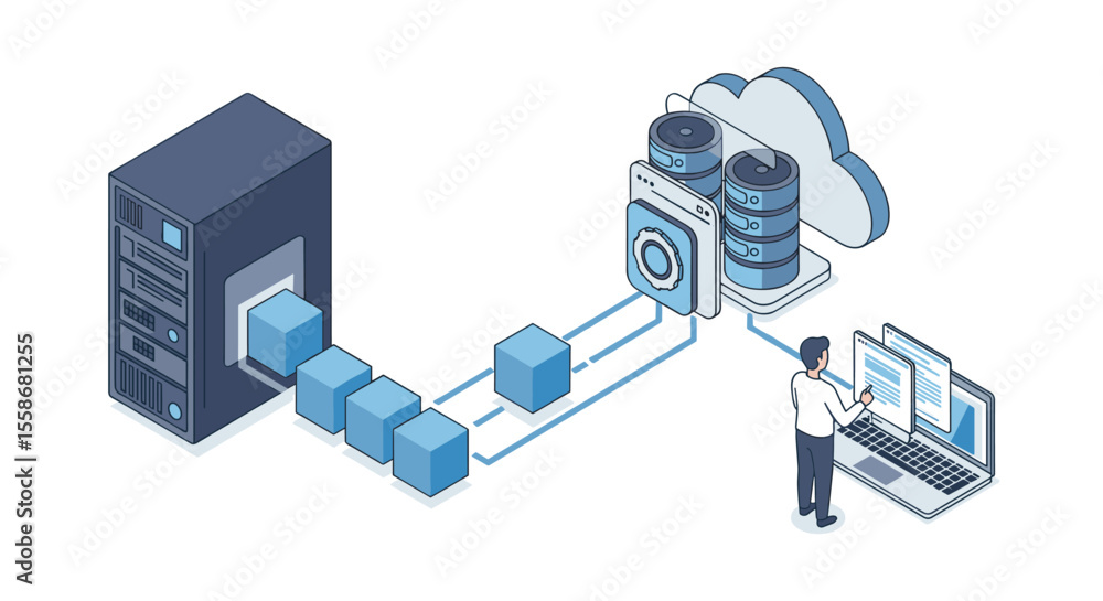 Poster cloud computing data management vector illustration in isometric style for tech-themed design