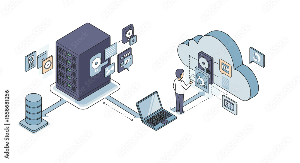 Poster cloud computing network vector illustration: data storage and transfer concept in isometric style