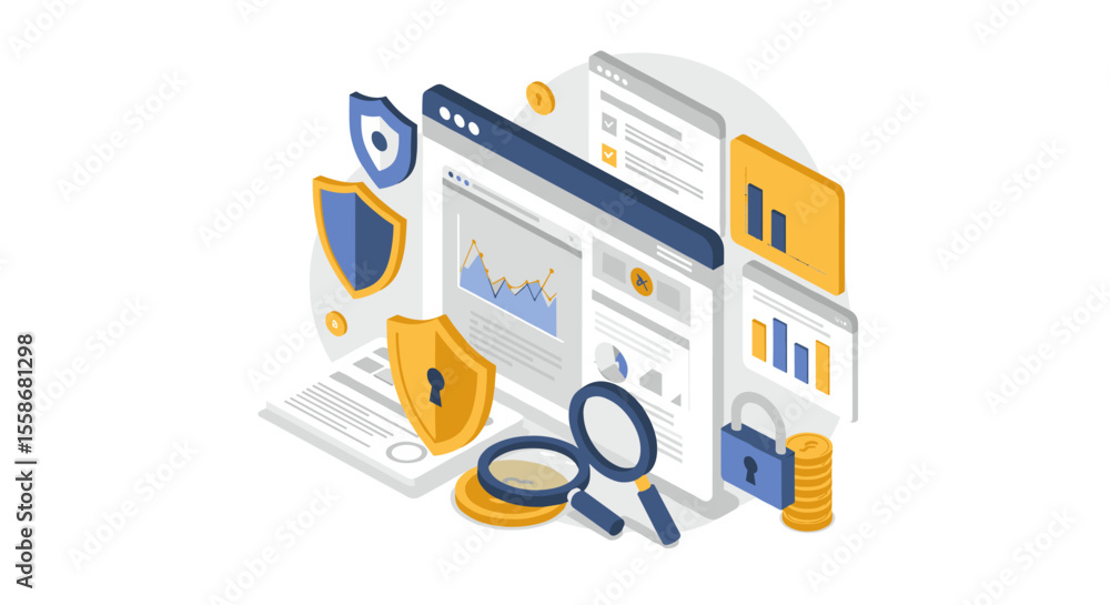 Poster cybersecurity analytics concept vector illustration for data protection design in isometric style
