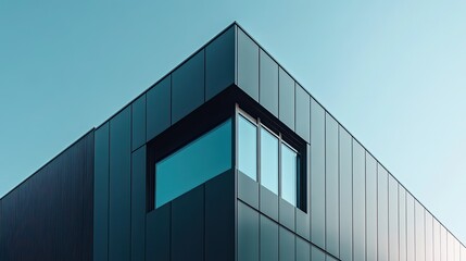 Sharp corner of grey metal building with architectural lines and shadows, modern minimalist urban design
