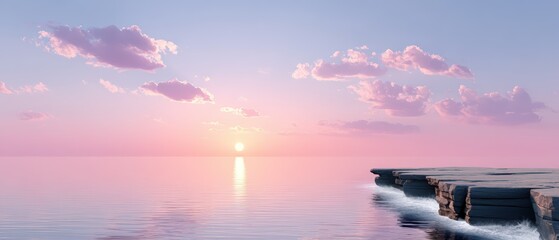Stunning panoramic view of a serene sunset over a calm ocean with soft pink and purple clouds, gentle waves, and a rustic wooden pier extending into the water