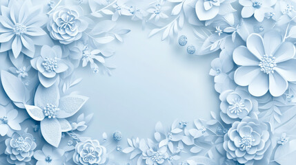 Elegant light blue paper flower border with copy space.