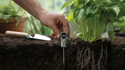 Naklejka premium Enhancing Plant Growth with a Soil Health Testing Device for a Thriving Garden