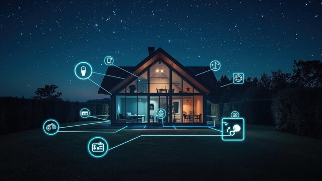 Internet of behaviors IIoT Aiot Smart Outlet Iot healthcare esphome Laxihub gosund Wyze Labs geeni Modern home at night with technology icons and starry sky backgr